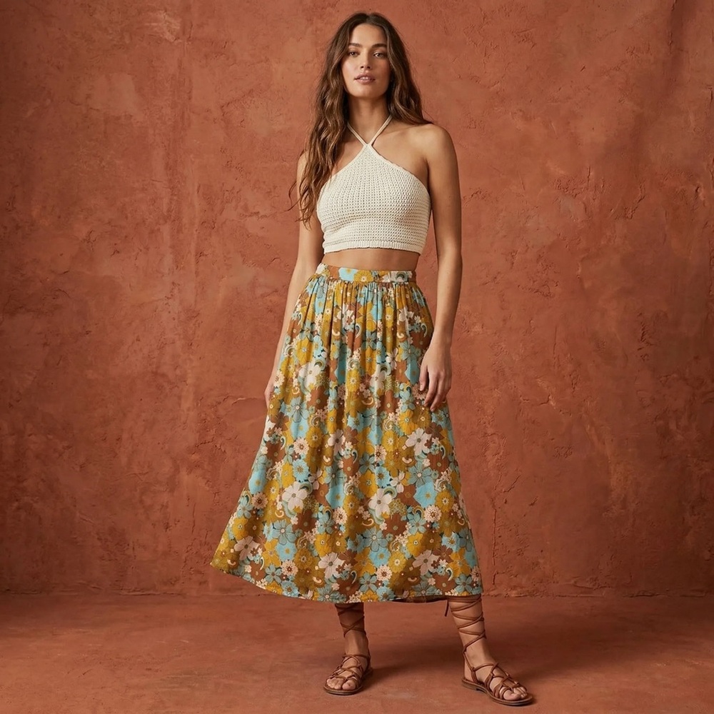 Boho Maxi Skirt Sundry X Anthro Green and Festival Skirt Size Small NWT